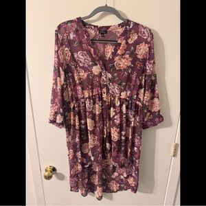 Torrid Purple and Pink Floral Tunic with V-Neck and 3/4 Sleeves